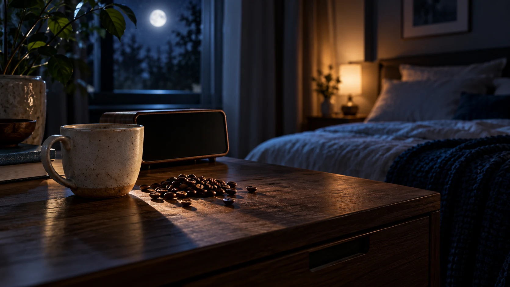 Coffee cup and beans beside a dark clock in a quiet moonlit bedroom