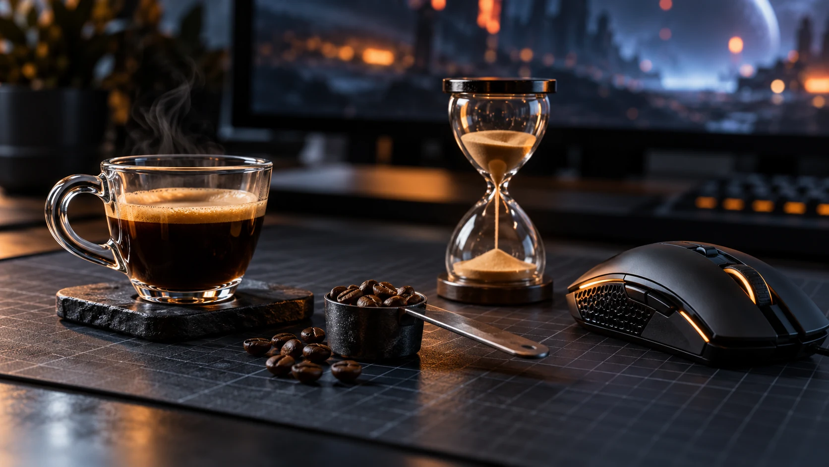 Espresso, coffee beans, hourglass and gaming mouse arranged for dose timing