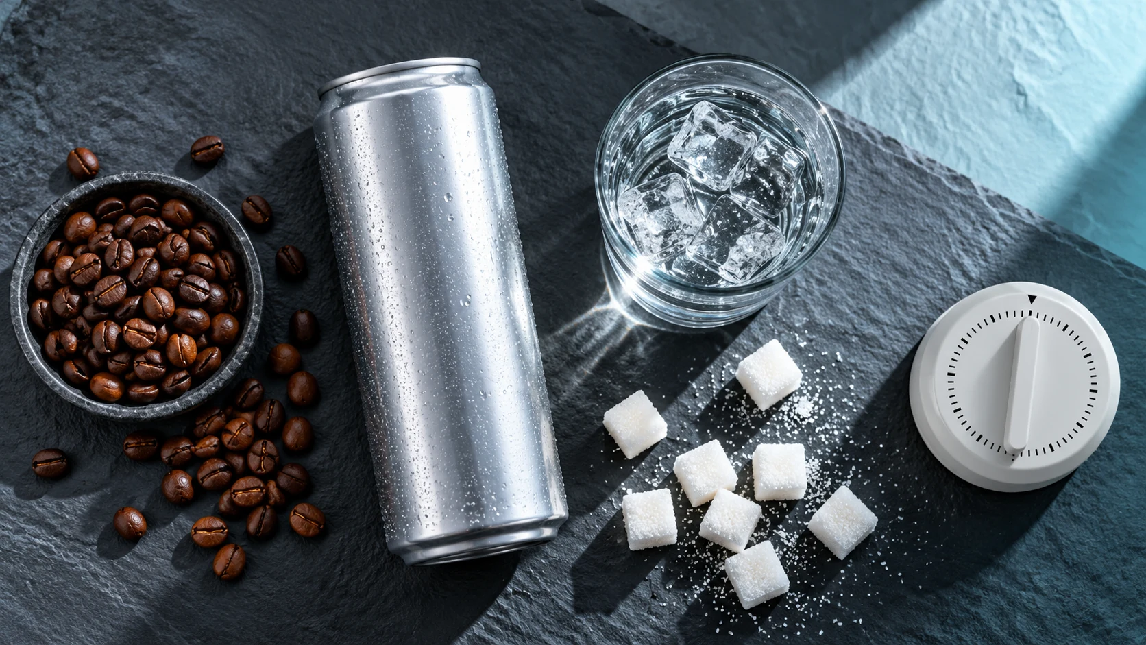 Unbranded energy drink can compared with water, coffee beans and sugar cubes