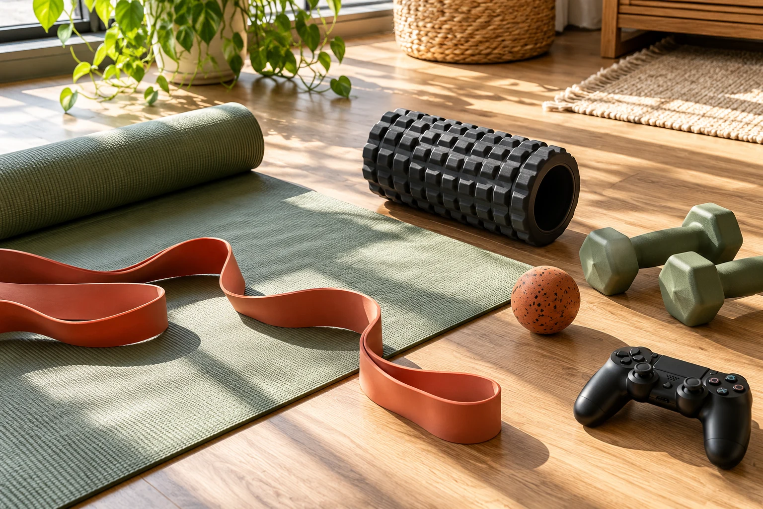 Exercise mat, resistance band, foam roller, light dumbbells and controller
