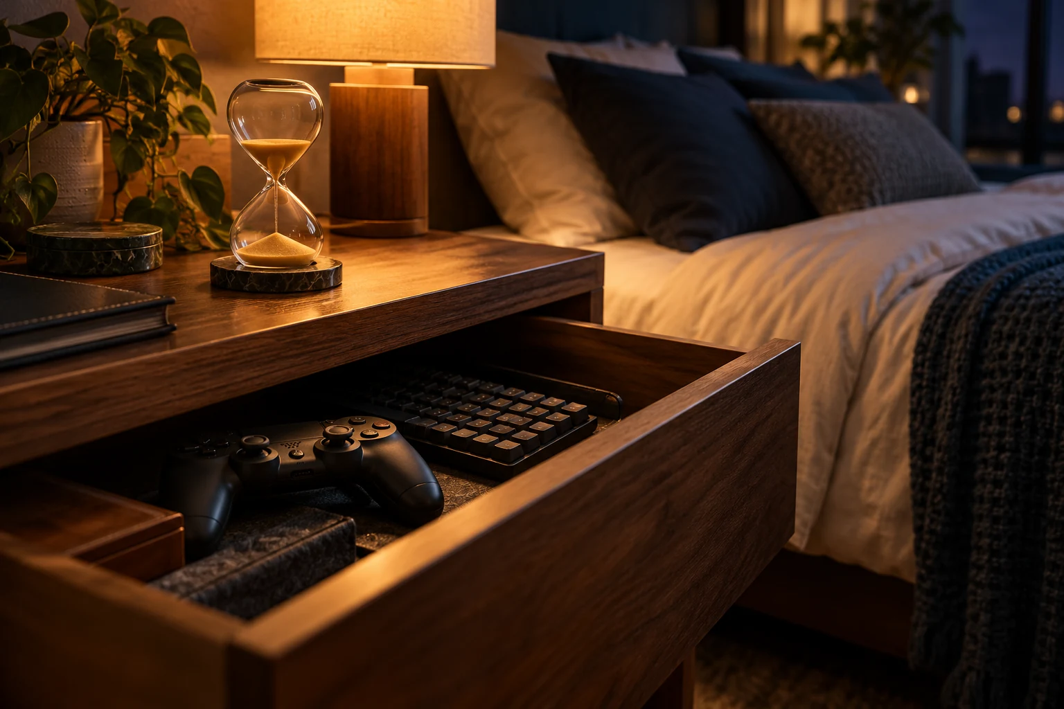 Gaming controller stored in a drawer beside an hourglass and quiet bed