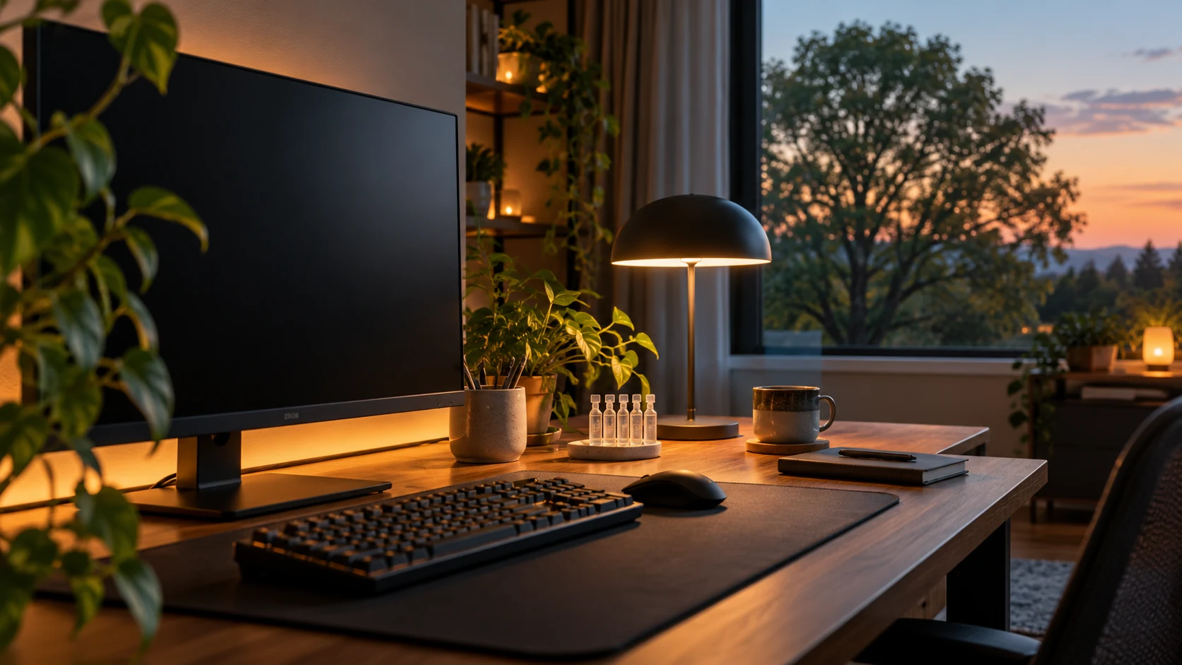 Glare-controlled monitor, soft bias light and distant tree for visual rest