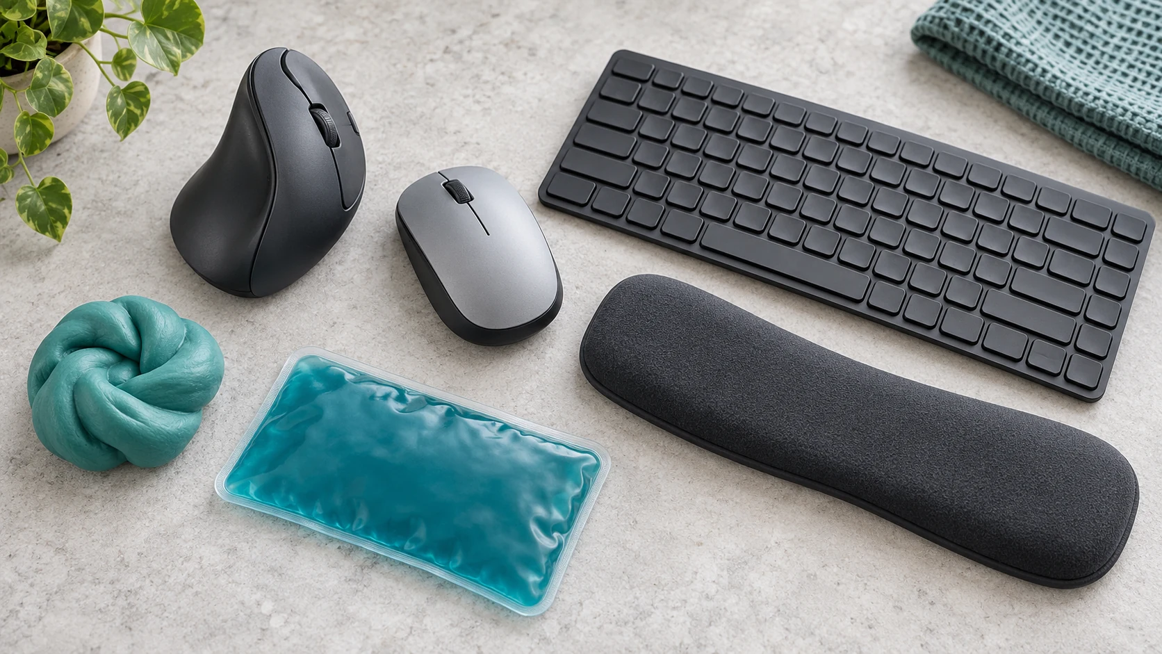 Vertical and standard mice with keyboard, wrist rest, therapy putty and cool pack