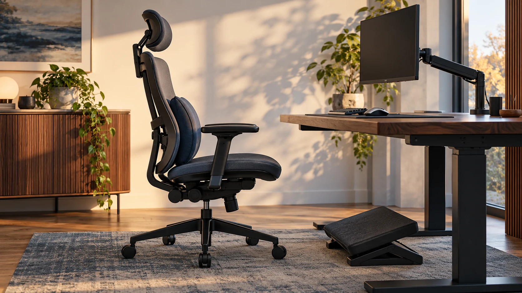 Side view of an empty ergonomic chair, footrest, desk and monitor