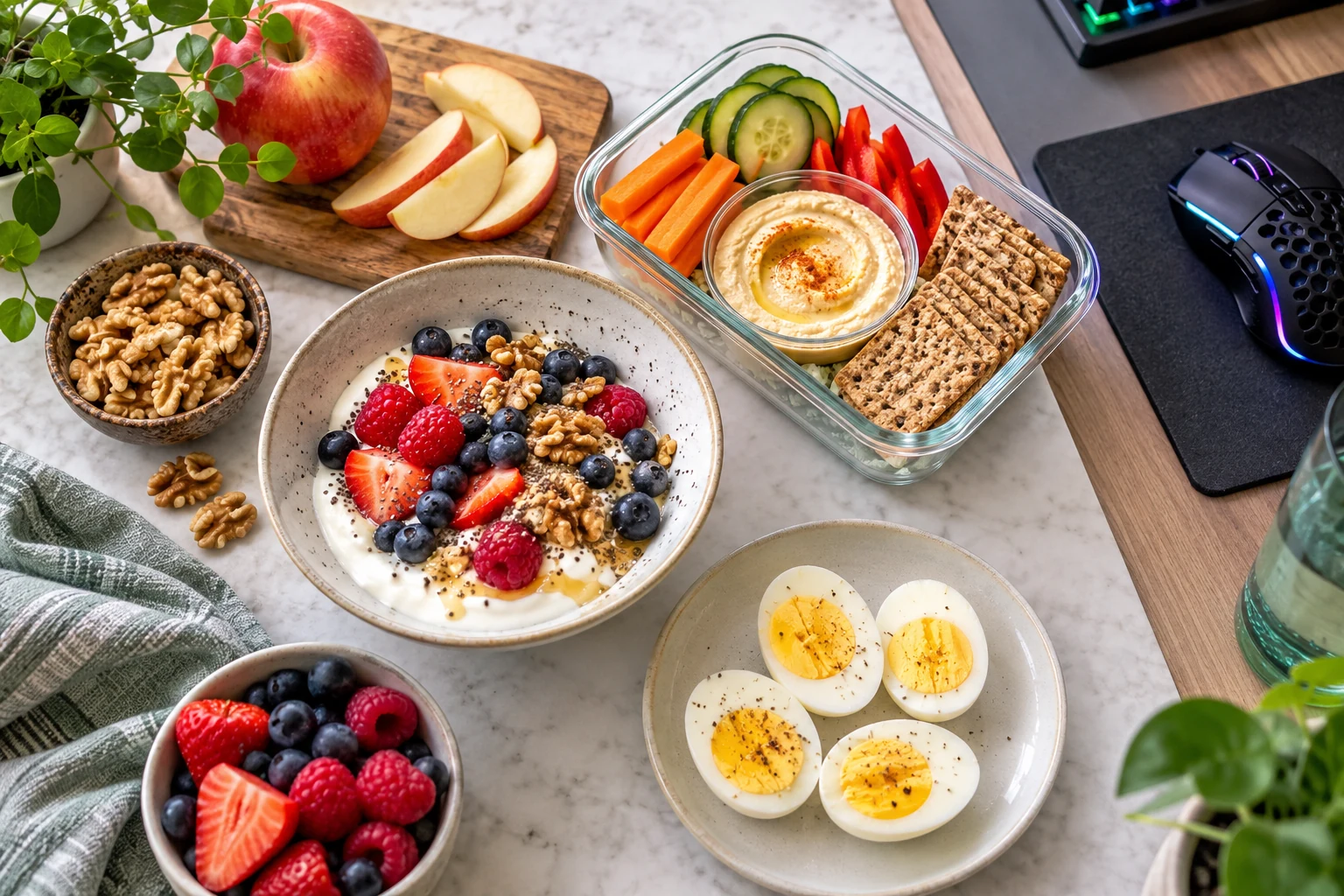 Prepared yogurt, berries, eggs, hummus, fruit and nuts for quick gaming breaks