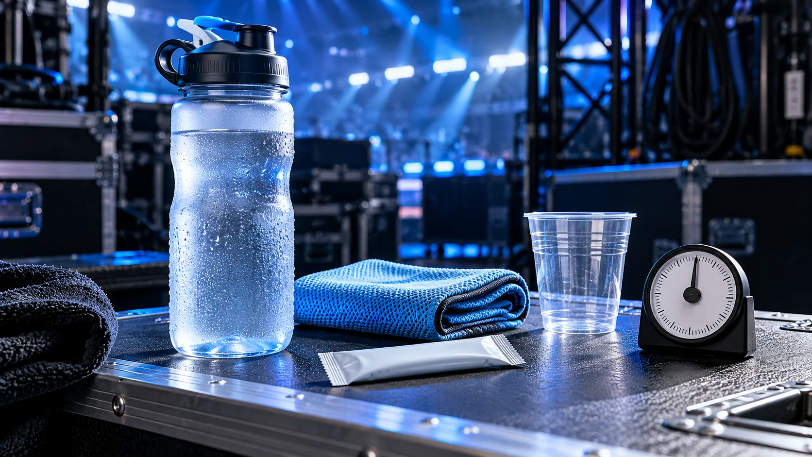 Tournament hydration station with bottle, cooling towel, cup and timer