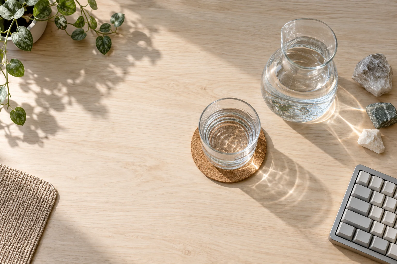 Water carafe and small glass beside a compact keyboard on a light desk