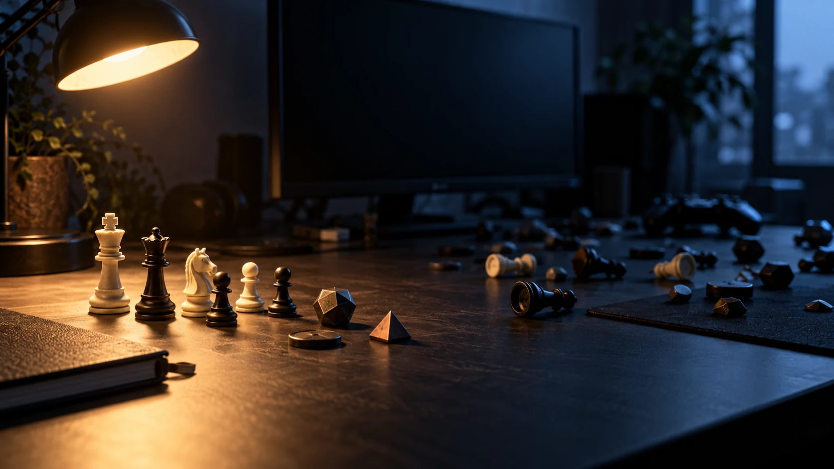 Chess pieces shifting from order to disorder across an empty dark gaming desk