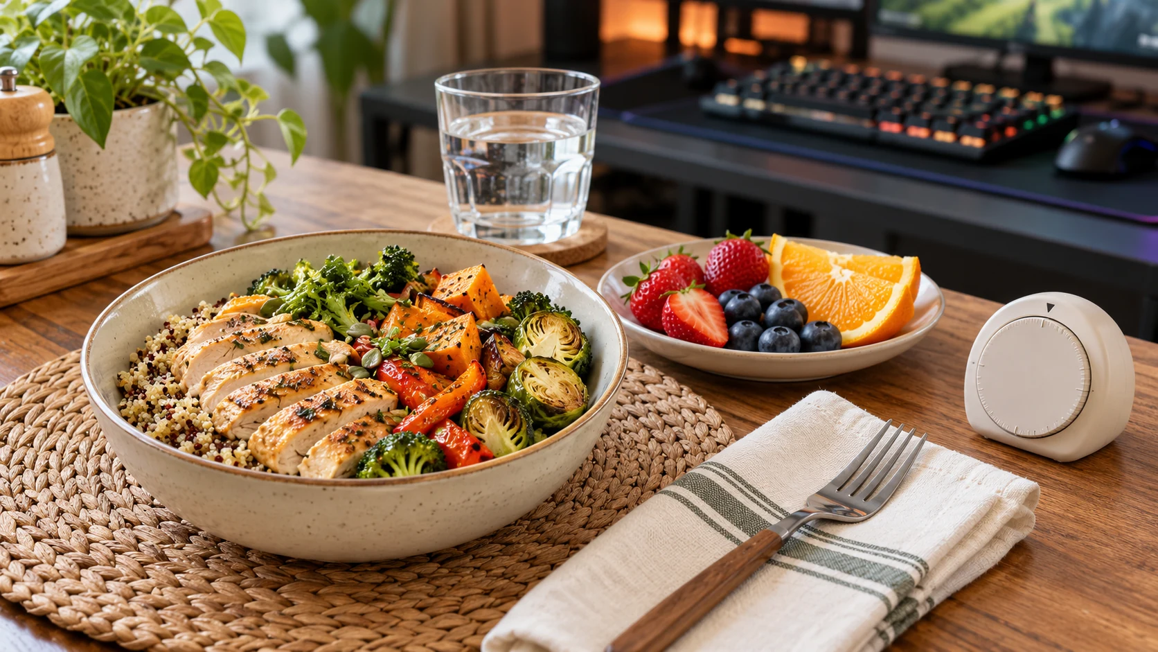 Balanced grain and vegetable bowl prepared away from gaming equipment