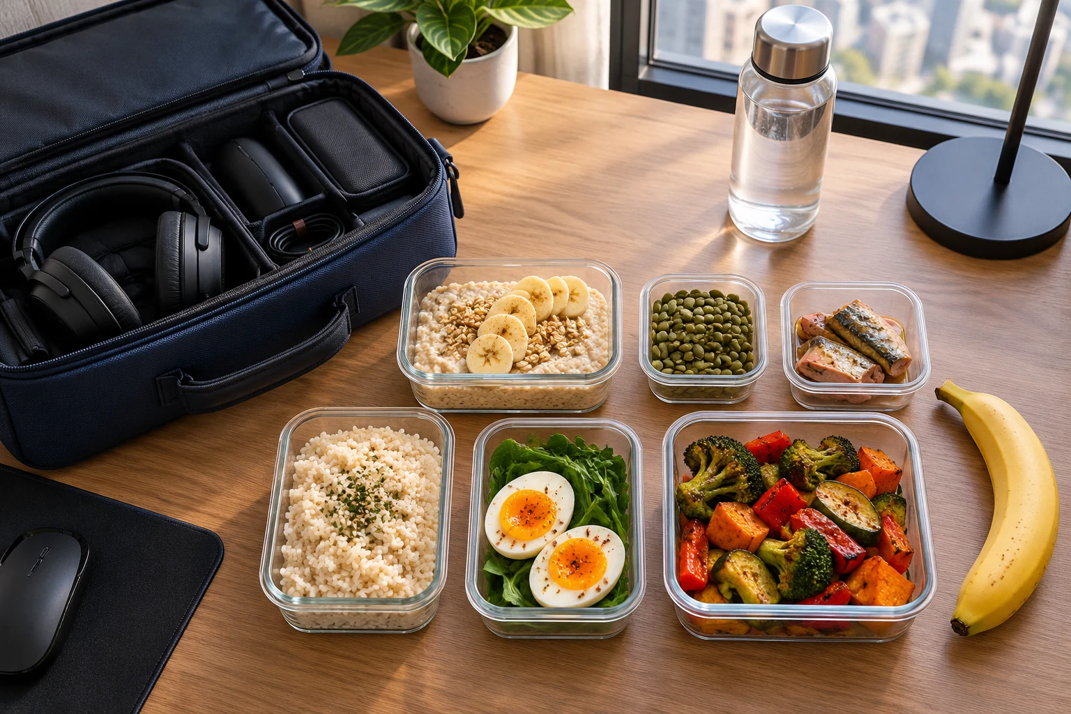 Organized travel containers with balanced tournament meals and water