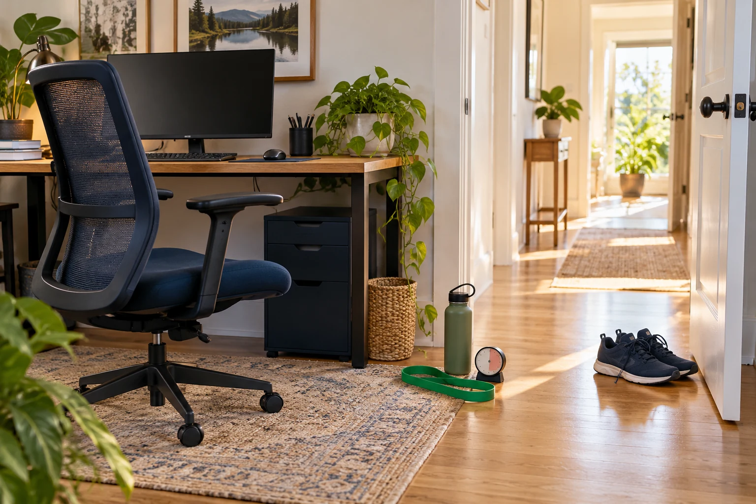 Empty desk chair pulled back toward walking shoes and movement equipment