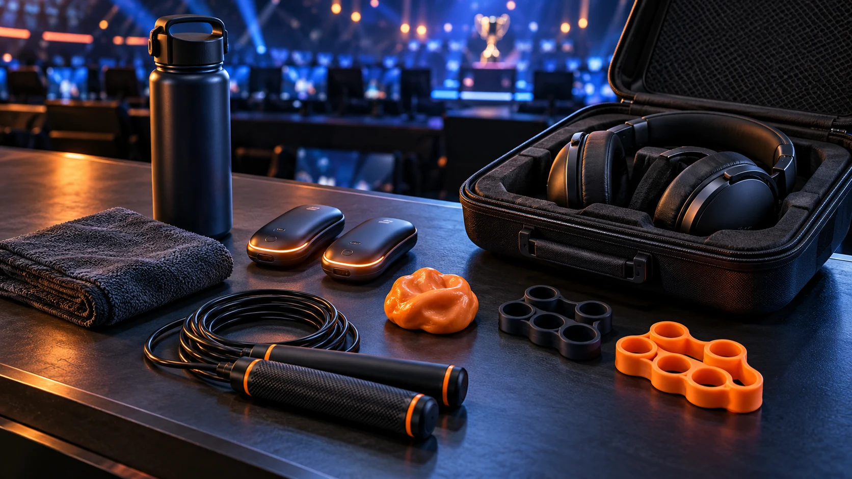 Tournament preparation kit with hand warmers, resistance tools and headset case