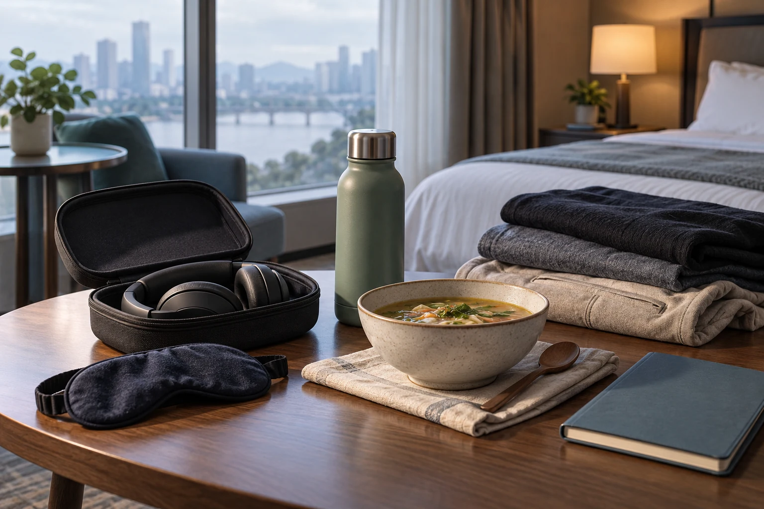 Packed headset, sleep mask, water and simple meal in a quiet hotel room