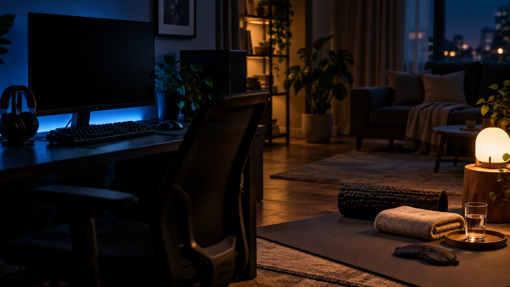 Powered-off gaming desk beside a foam roller, water and warm recovery towel