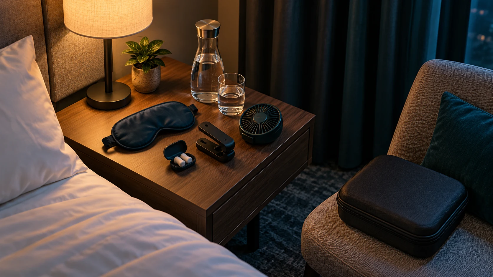 Hotel sleep kit with eye mask, earplugs, water and packed equipment case