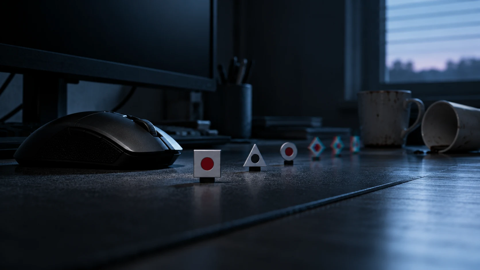 Gaming mouse and target markers fading from sharp focus into double blur